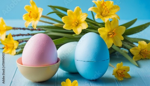 Spring flowers and colorful Easter egg with pastel blue background