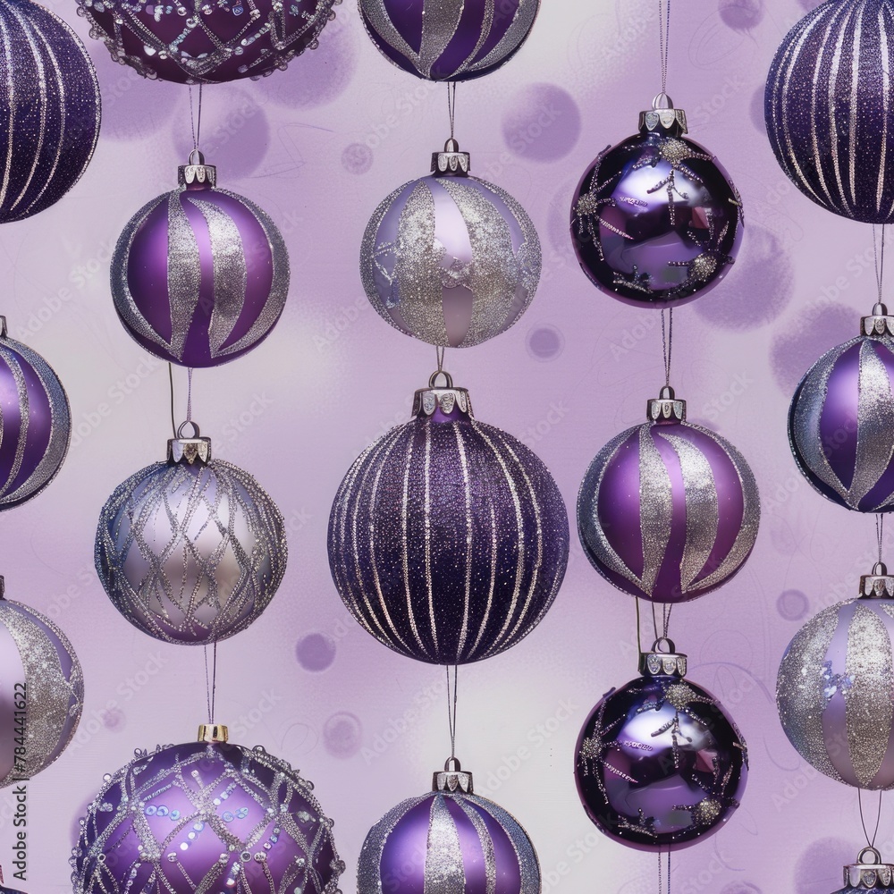 A bunch of purple and silver Christmas ornaments. Perfect for holiday designs A bunch of purple and silver Christmas ornaments. Perfect for holiday designs