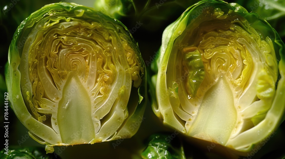 Obraz premium Detailed close up of a cabbage cut in half, perfect for food and cooking related projects