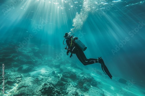 A solitary scuba diver is exploring the underwater seascape, immersed in the light-filled marine environment © Larisa AI