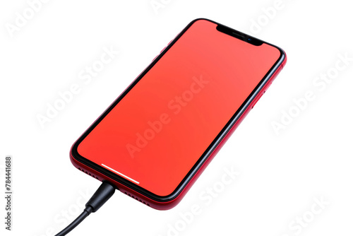 Red smartphone charging icon, modern mobile phone illustration with cable, minimal tech symbol for apps and UI design isolated on Transparent Background