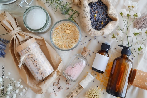 A flat lay of various items for natural and organic beauty products, including dried flowers in bags. Ai generated