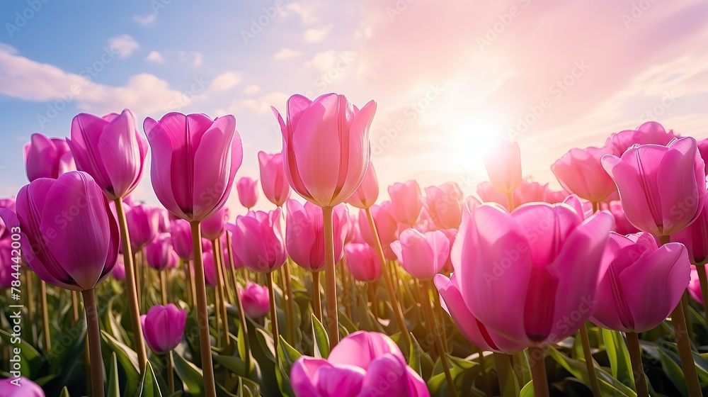 Group of pink tulips in the park agains clouds. Spring blurred background postcard