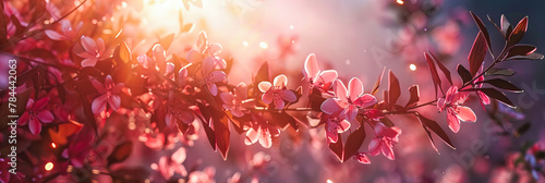 Blossoming Sakura Tree with Pink Petals Against a Sunny Background, Springtime Freshness