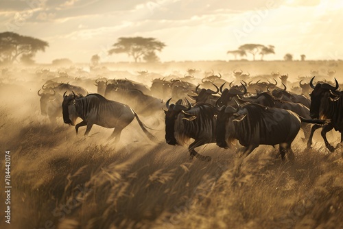 A group of wild animals is sprinting across a parched grass field