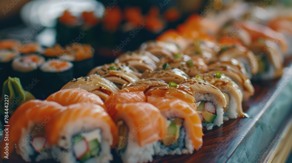 Fresh sushi rolls on a wooden tray, perfect for food and restaurant concepts Fresh sushi rolls on a wooden tray, perfect for food and restaurant concepts