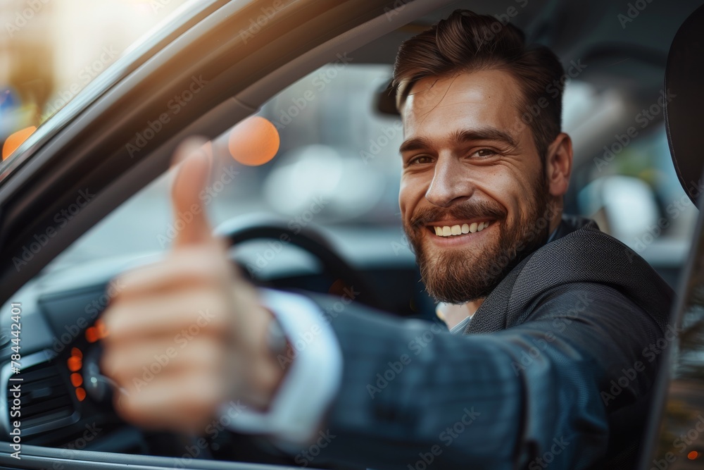 Professional well-dressed businessman in a high-end car gives a confident thumbs up, exhibiting success and approval Professional well-dressed businessman in a high-end car gives a confident thumbs up, exhibiting success and approval