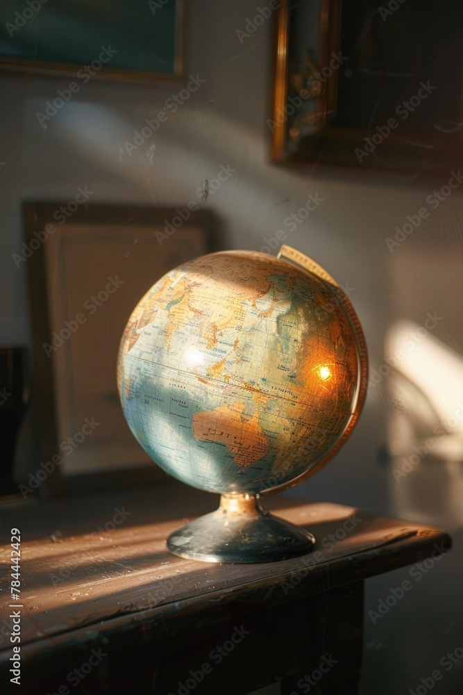 A globe sitting on a wooden table, suitable for educational and travel concepts A globe sitting on a wooden table, suitable for educational and travel concepts