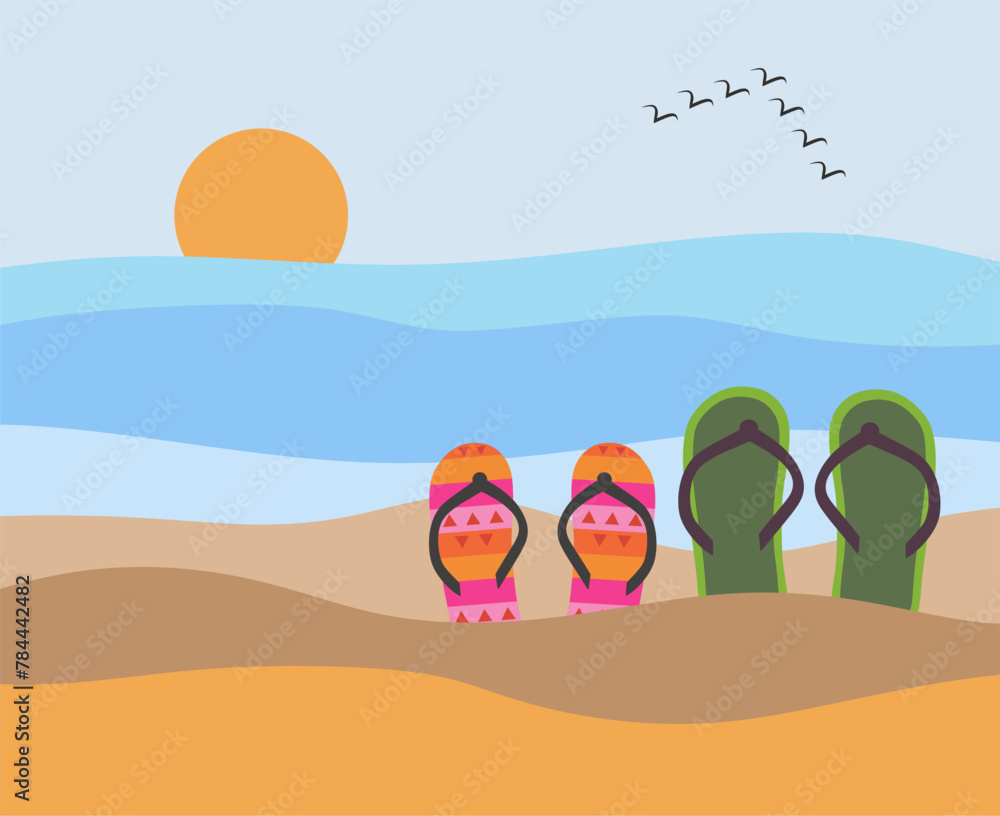 Flip-flops on the beach. Vector illustration. Sea, sand and sun. Summer time Flip-flops on the beach. Vector illustration. Sea, sand and sun. Summer time