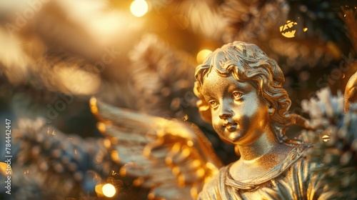 A serene angel statue standing in front of a beautifully decorated Christmas tree. Perfect for holiday-themed designs