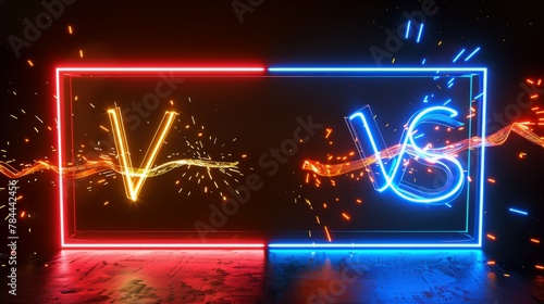 On a black background, VS gold sign with blue and red borders. Sport confrontation, fight competition, martial arts combat.