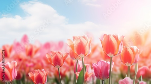 Group of pink tulips in the park agains clouds. Spring blurred background postcard © May