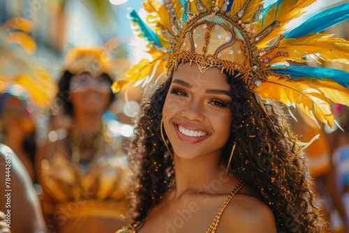 A close-up of a stunning carnival dancer wearing a golden headdress with plumes and beadwork, embodying festivity and culture