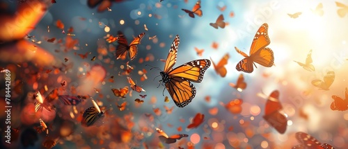 A hoard of ponder butterflies rocketing toward the sky in a lovely cluttered setting enlivened by the lovely sun blue sky setting and space, Generative AI.