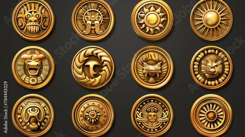 Mexican mesoamerican ethnic money. Ui game assets, Mayan or Aztec tribal animal and idol sets. Ancient civilization modern signs dragon or lion head, lizard, turtle, snake and sun.