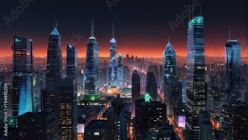 Urban panorama featuring brightly lit skyscrapers against the night backdrop. photo