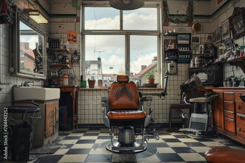Barber chair positioned in front of a window, suitable for barber shop or salon advertisement