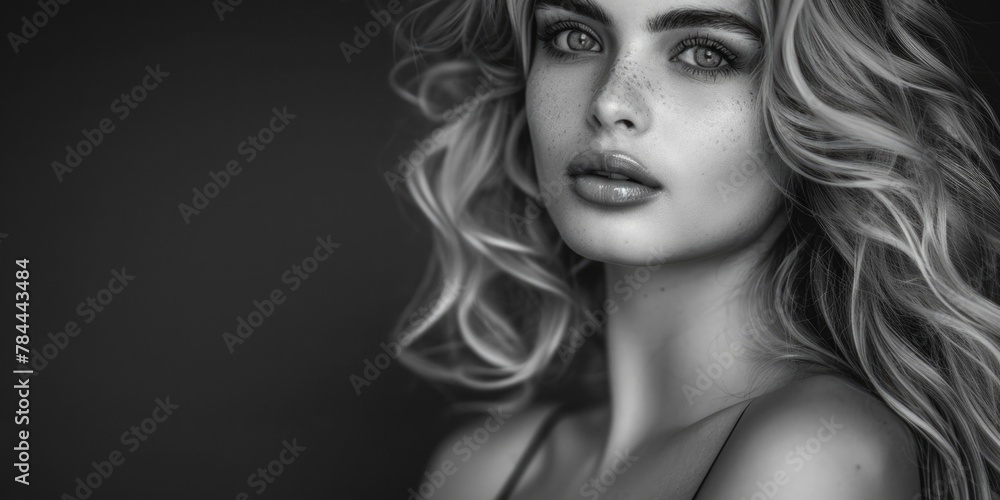 Fototapeta premium Black and white photo of a woman with freckles. Suitable for beauty and skincare concepts