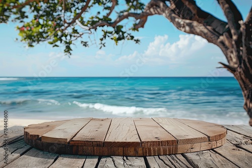 wooden podium on a tropical sea beach. generative ai