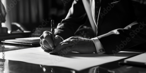 A man in a suit writing on a piece of paper. Suitable for business and office concepts