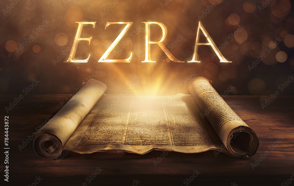 Glowing open scroll parchment revealing the book of the Bible. Book of Ezra. Priest, scribe, rebuilding, restoration, return from exile, Torah, obedience, revival, intermarriage, confession - obrazy, fototapety, plakaty 
