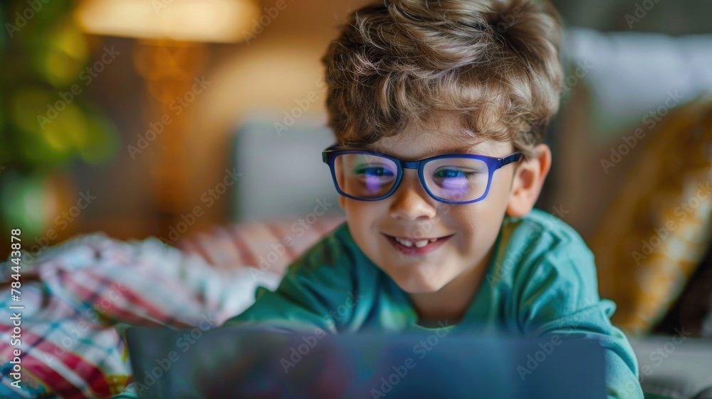 A young boy wearing glasses using a laptop computer. Perfect for technology and education concepts A young boy wearing glasses using a laptop computer. Perfect for technology and education concepts
