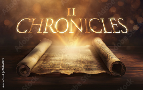 Glowing open scroll parchment revealing the book of the Bible. Book of 2 Chronicles. Second Chronicles. History, kingship, temple, worship, revival, faithfulness, disobedience, judgment, prayer