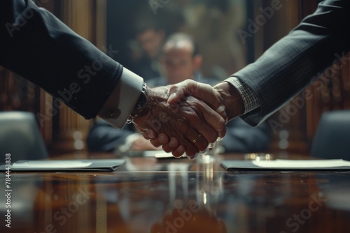 Close-up of two people shaking hands over a table. Suitable for business and partnership concepts