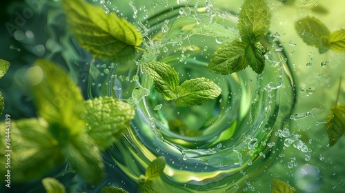 Close-up of mint leaves, ice, and splash in motion. Cool and invigorating refreshing mojito background.
