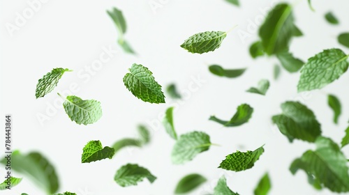 Flying green mint leaf. Close up background with fresh nice leaves on white background.