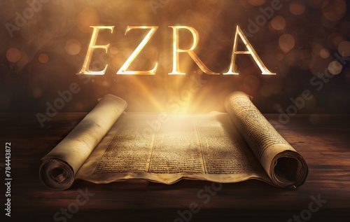 Glowing open scroll parchment revealing the book of the Bible. Book of Ezra. Priest, scribe, rebuilding, restoration, return from exile, Torah, obedience, revival, intermarriage, confession