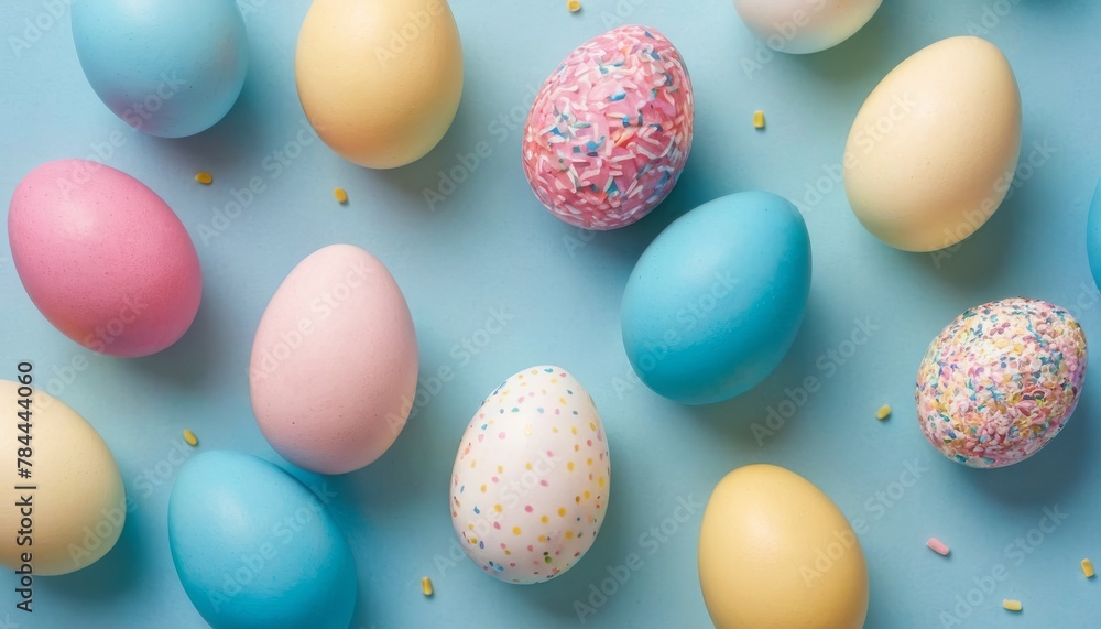 Top view photo of yellow pink blue white Easter eggs and sprinkles on isolated pastel blue background with empty space Top view photo of yellow pink blue white Easter eggs and sprinkles on isolated pastel blue background with empty space