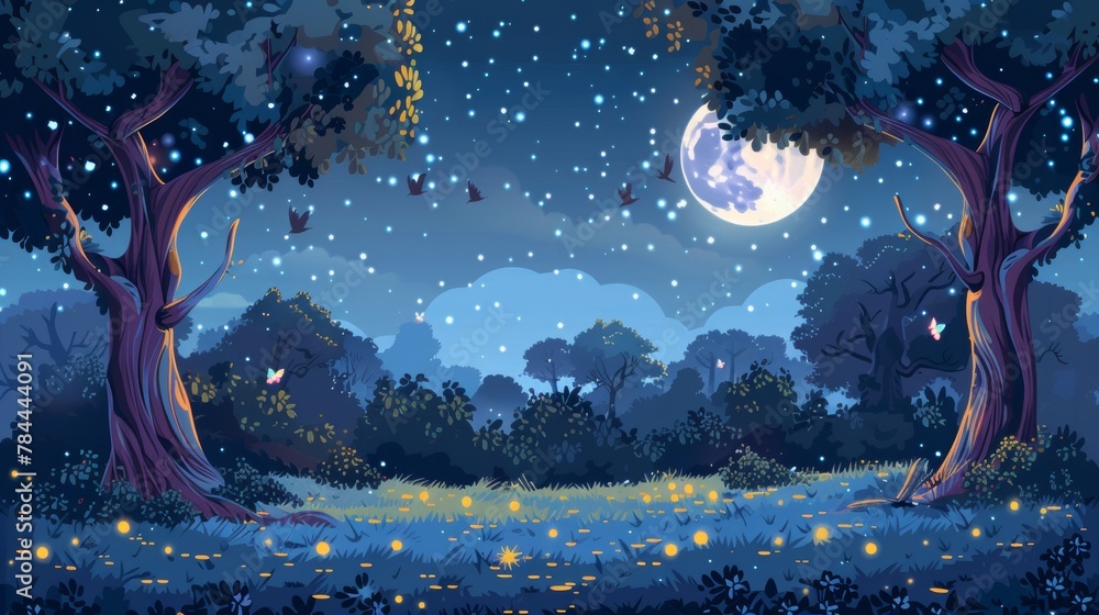 This is a modern illustration of a night forest with a parallax background, a landscape in the nature with moonlight glow and flying fireflies. This is a cartoon scene with layered layers, a