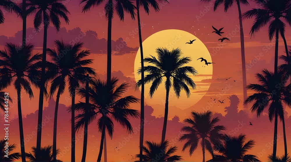 Vector Illustration With Palms Sunset and Birds .Generative AI