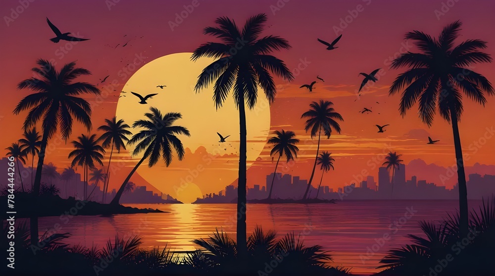 Vector Illustration With Palms Sunset and Birds .Generative AI