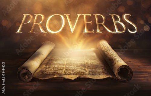 Glowing open scroll parchment revealing the book of the Bible. Book of Proverbs. Wisdom, instruction, guidance, righteousness, discipline, understanding, virtue, folly, knowledge, practical living photo