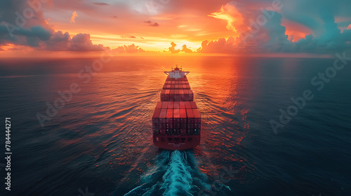 Aerial view of a large container ship cruising through the ocean waters at sunset, with a colorful sky in the background