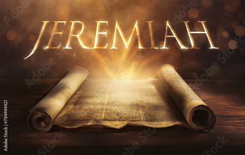 Glowing open scroll parchment revealing the book of the Bible. Book of Jeremiah. weeping prophet, judgment, repentance, exile, restoration, new covenant, suffering, faithfulness, calling, testament photo