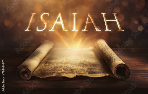 Glowing open scroll parchment revealing the book of the Bible. Book of Isaiah. Prophecy, salvation, judgment, Messianic prophecy, faithfulness, holiness, righteousness, comfort, servant songs, restore photo