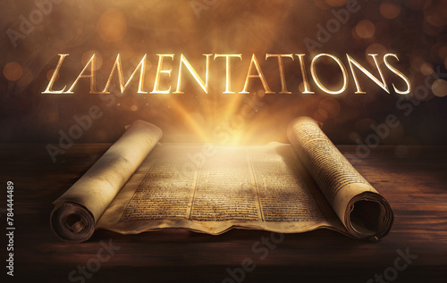 Glowing open scroll parchment revealing the book of the Bible. Book of Lamentations. Grief, mourning, lamentation, destruction, exile, repentance, prayer, hope, faithfulness, mercy