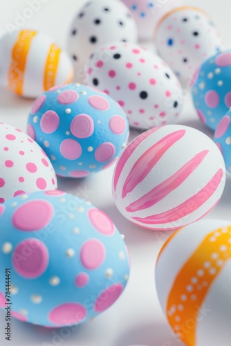 Colorful Easter eggs on white surface. Perfect for Easter holiday designs