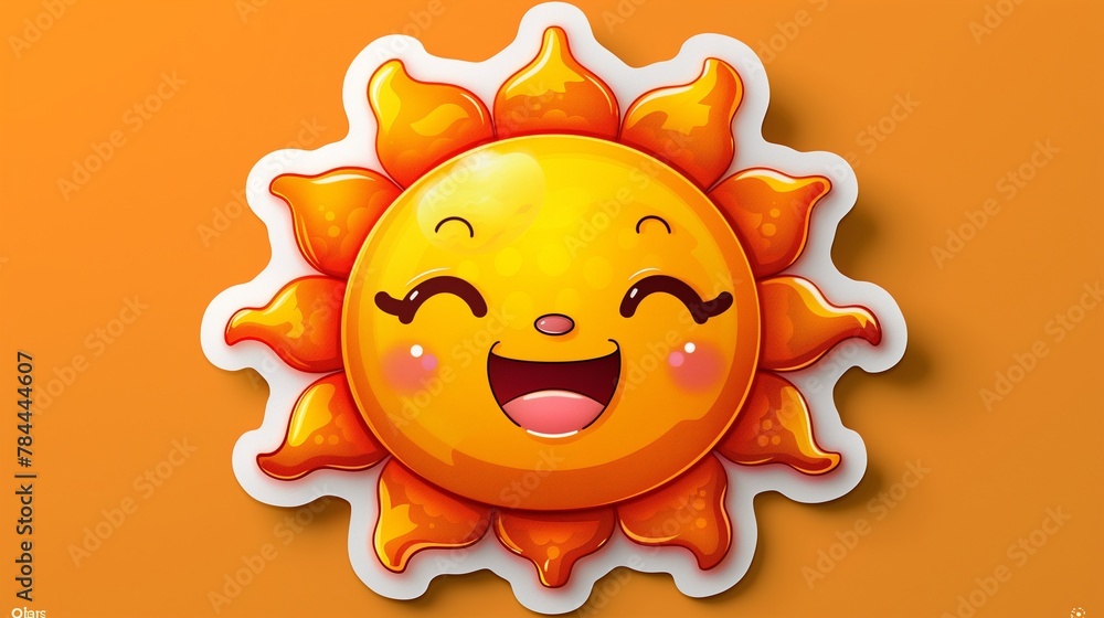 A cute cartoon sticker of a cheerful sun, placed on a solid orange background, representing positivity and brightness