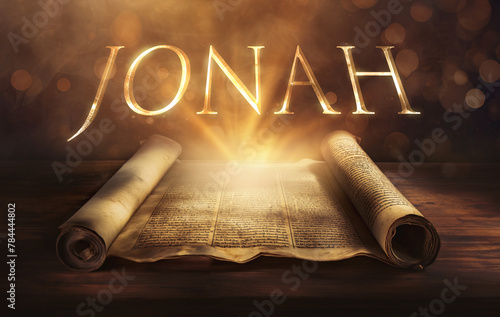 Glowing open scroll parchment revealing the book of the Bible. Book of Jonah. Disobedience, repentance, mission, mercy, compassion, prayer, sovereignty, salvation, Nineveh, divine purpose
