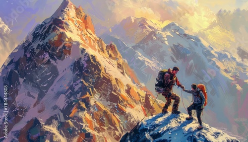 Male climbers on top of a snowy mountain generated AI