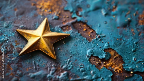 A shiny gold star placed on a weathered rusty surface. Ideal for industrial or abstract concepts