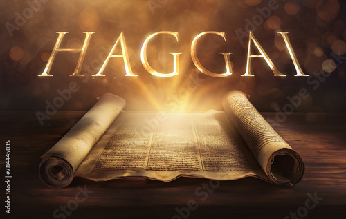 Glowing open scroll parchment revealing the book of the Bible. Book of Haggai. Temple, rebuilding, priorities, obedience, blessings, encouragement, prophecy, repentance, restoration, divine presence