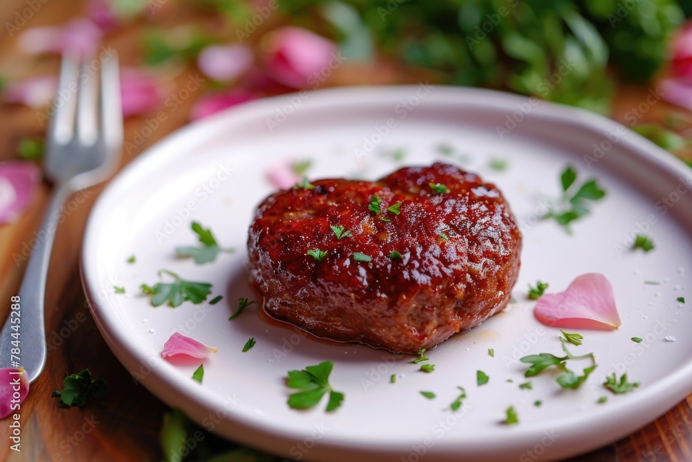 A white plate with meat covered in savory sauce. Perfect for food blogs or restaurant menus A white plate with meat covered in savory sauce. Perfect for food blogs or restaurant menus