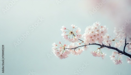 Delicate cherry blossoms with a soft pink hue, scattered across a pale sky-blue background, embodying the transient beauty and elegance of spring in Japan.