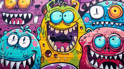 colorful monsters on a brick wall graffiti style