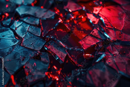 Close-up of shattered glass with glowing red lights, suitable for crime or mystery themes